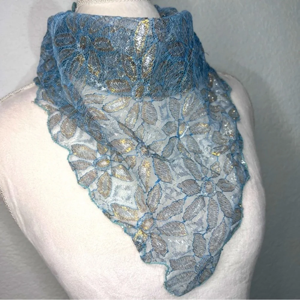 Vintage Blue Silver & Gold Lace Scalloped Edge Kerchief Scarf Ascot Unisex